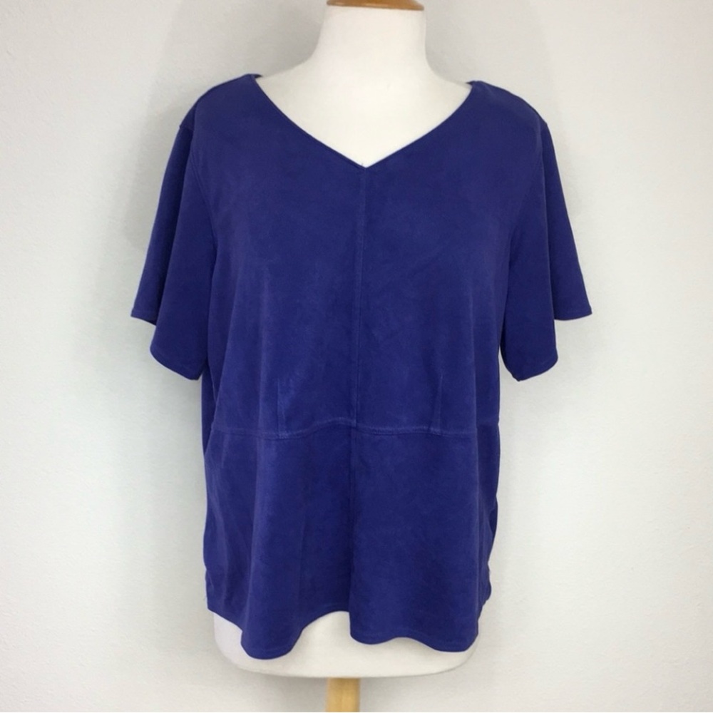 Kathy Ireland Plus Women's Blue Purple Faux Suede Short Sleeve Top 1X Coastal